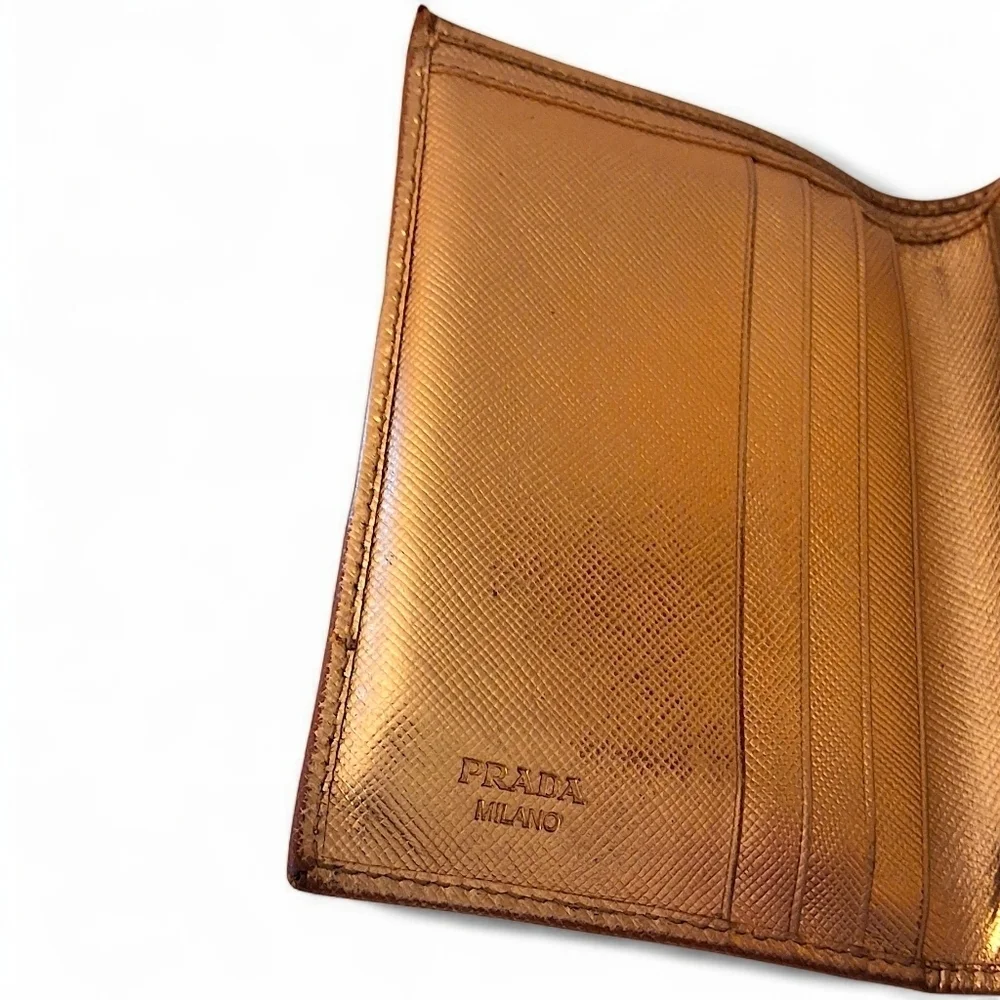 Prada Saffiano Leather Compact Wallet in Metallic Oro Gold with COA